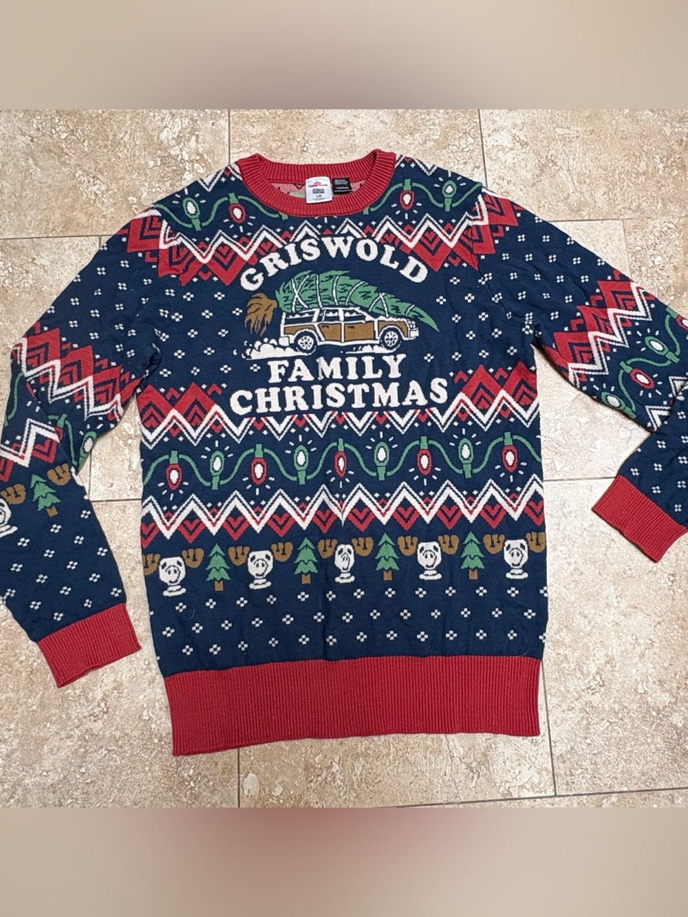 LG Navy Griswold Family ugly Christmas Crewneck Sweater with Red Trim